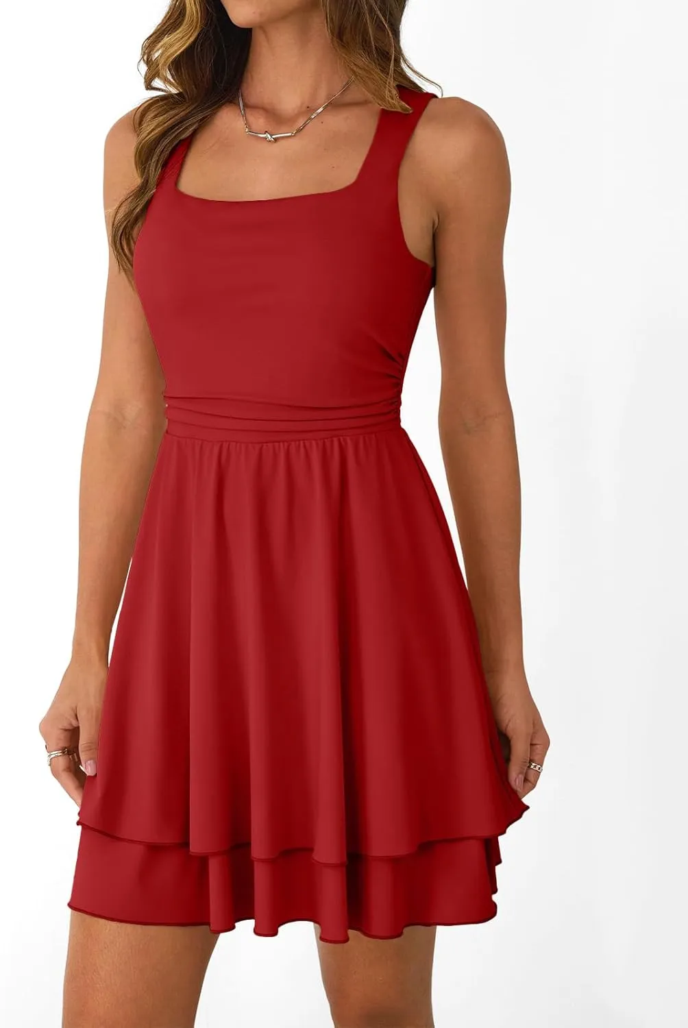 Trendy Queen Women's Square Neck Summer Party Flowy Ruffle Hem Ruched Waist Mini Dress