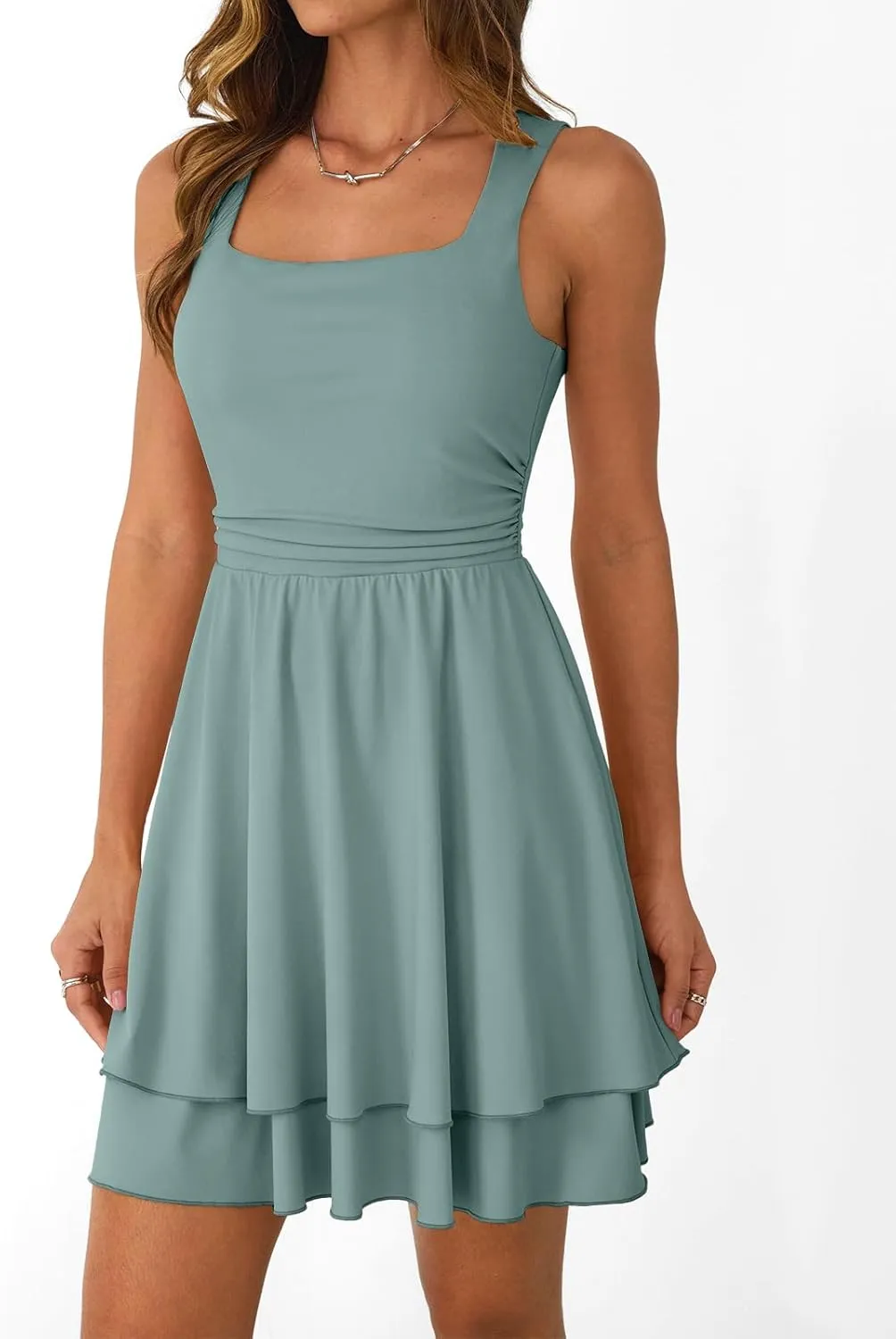 Trendy Queen Women's Square Neck Summer Party Flowy Ruffle Hem Ruched Waist Mini Dress