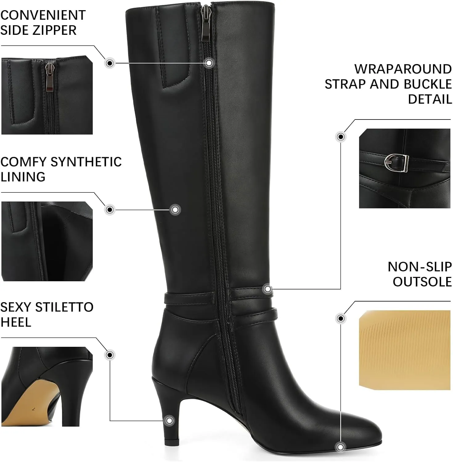 Tscoyuki Knee High Boots Women Round Toe 2.9 In Tall Boots for Women Side Zipper Stiletto High Heel Fall Long Boots