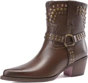 Tsrenlmln Ankle Boots for Women Pointed Toe Heel Rivet Western Cowboy Boots With Tassel Womens Cowgirl Booties Slip-On Short Boots