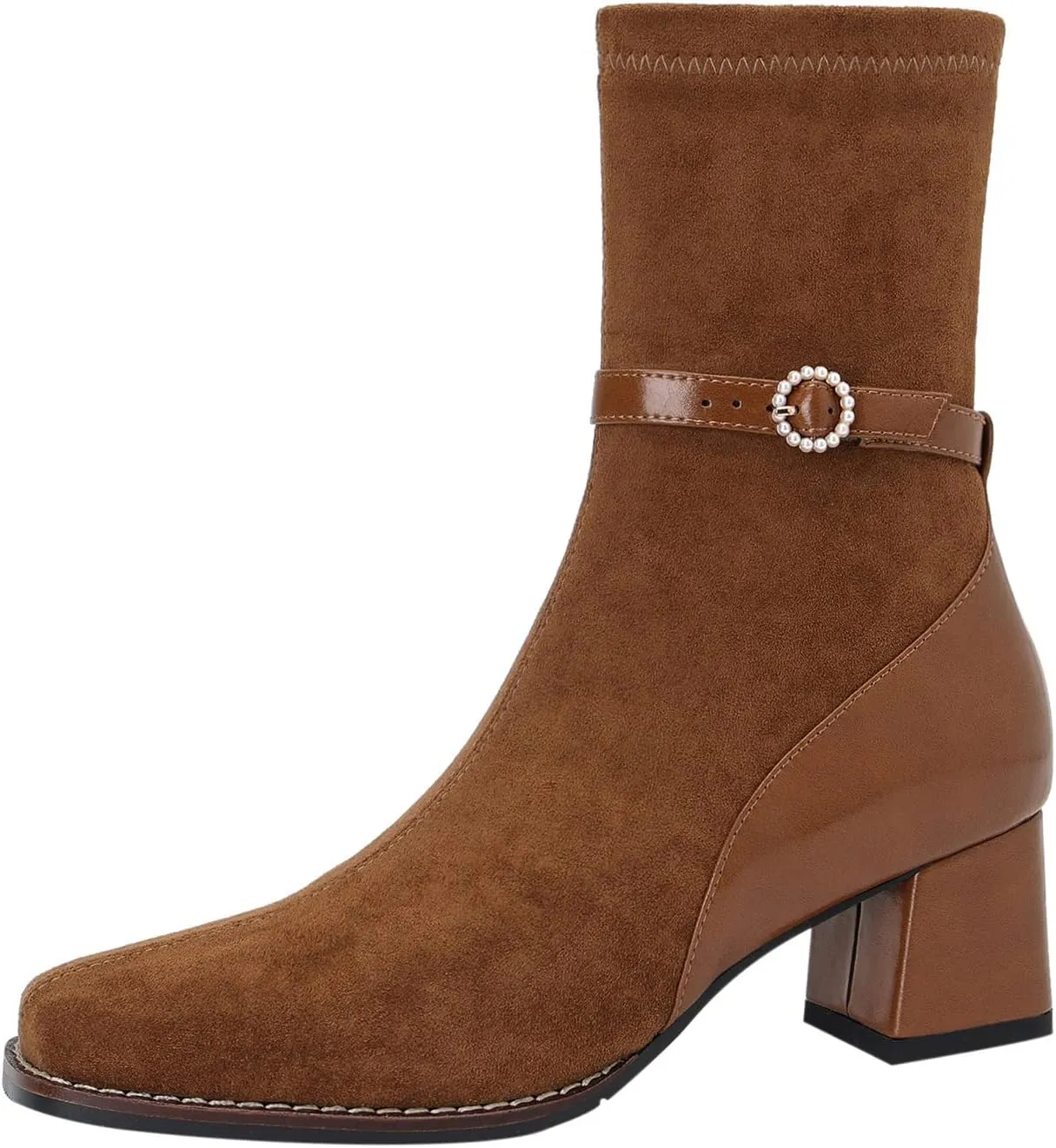 U-lite Women's Elastic Suede Fall Winter Square Toe Shoes, Leather Mid Heel Ankle Boots, Buckle Strap Embellishment Booties