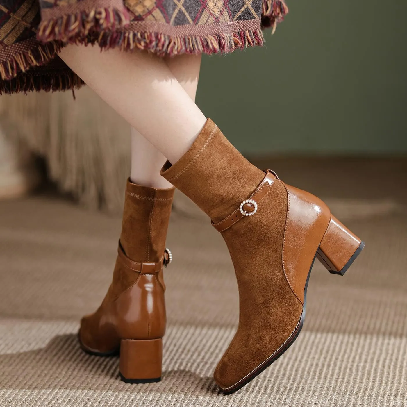 U-lite Women's Elastic Suede Fall Winter Square Toe Shoes, Leather Mid Heel Ankle Boots, Buckle Strap Embellishment Booties