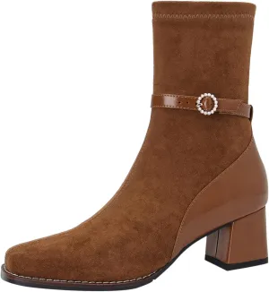 U-lite Women's Elastic Suede Fall Winter Square Toe Shoes, Leather Mid Heel Ankle Boots, Buckle Strap Embellishment Booties