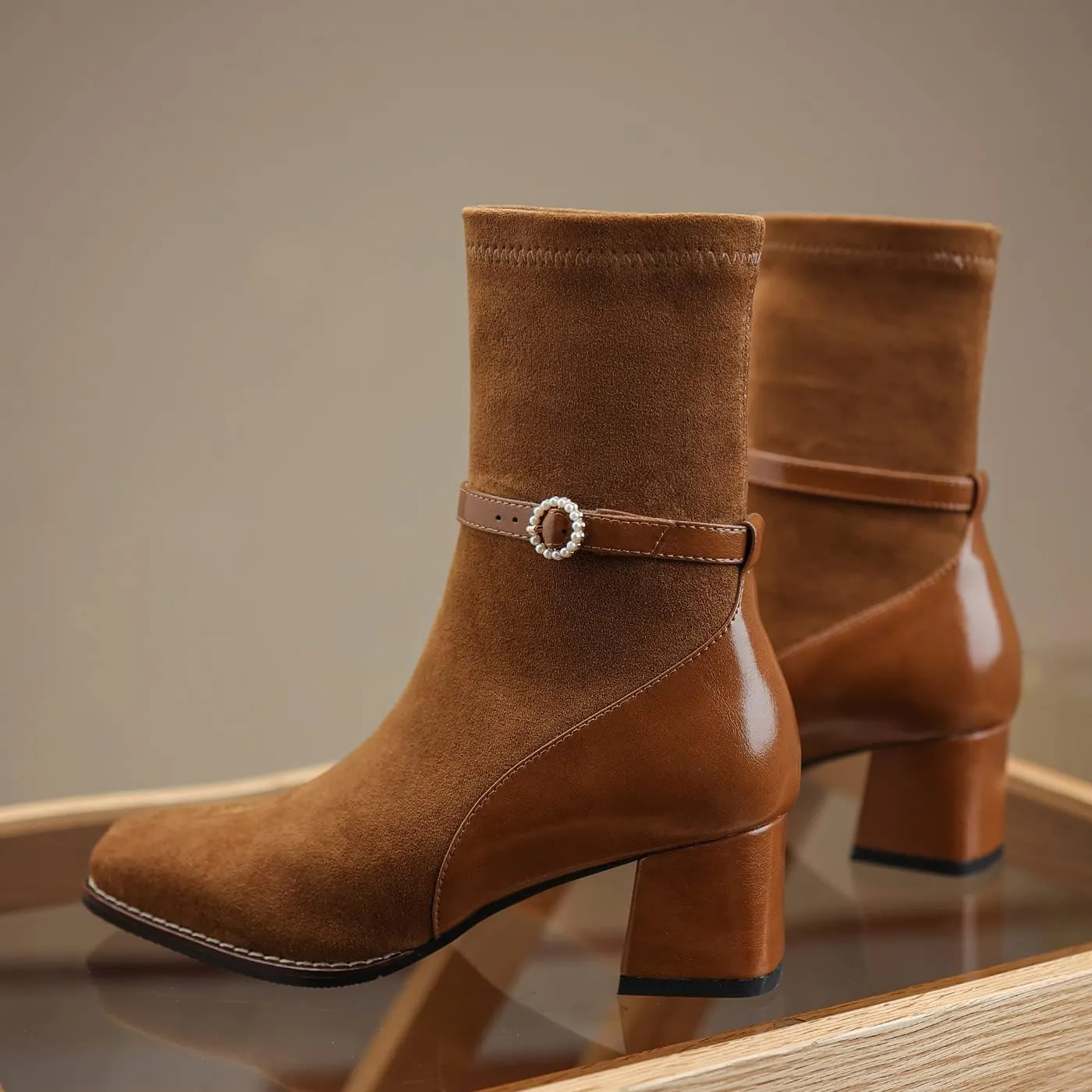 U-lite Women's Elastic Suede Fall Winter Square Toe Shoes, Leather Mid Heel Ankle Boots, Buckle Strap Embellishment Booties