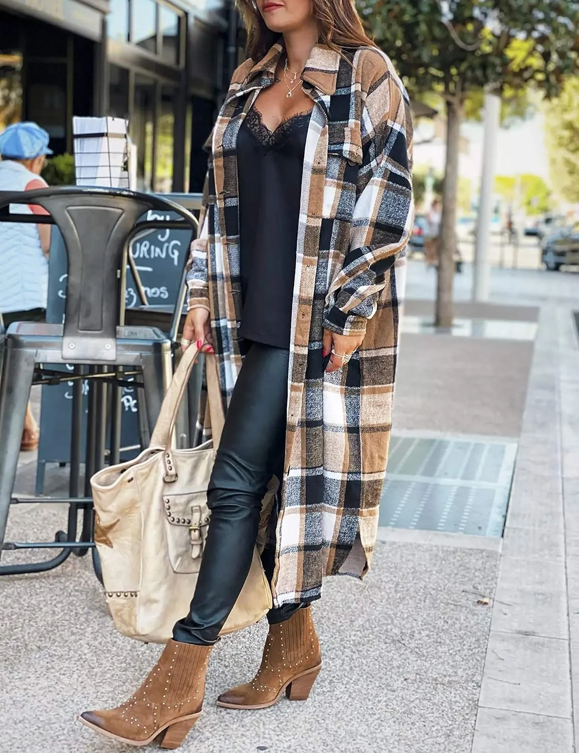 UANEO Plaid Coat Women Button Down Long Plaid Jacket Fall Flannel Trench Coat