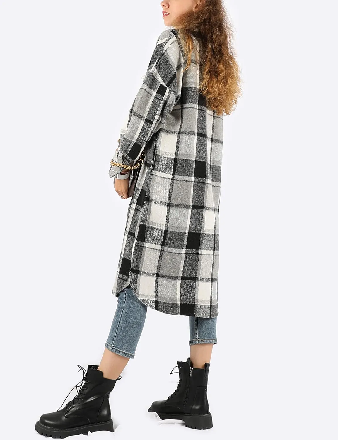 UANEO Plaid Coat Women Button Down Long Plaid Jacket Fall Flannel Trench Coat