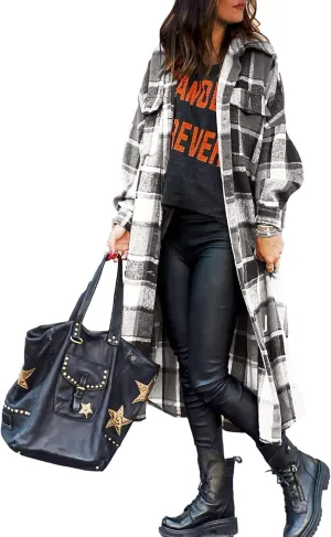 UANEO Plaid Coat Women Button Down Long Plaid Jacket Fall Flannel Trench Coat