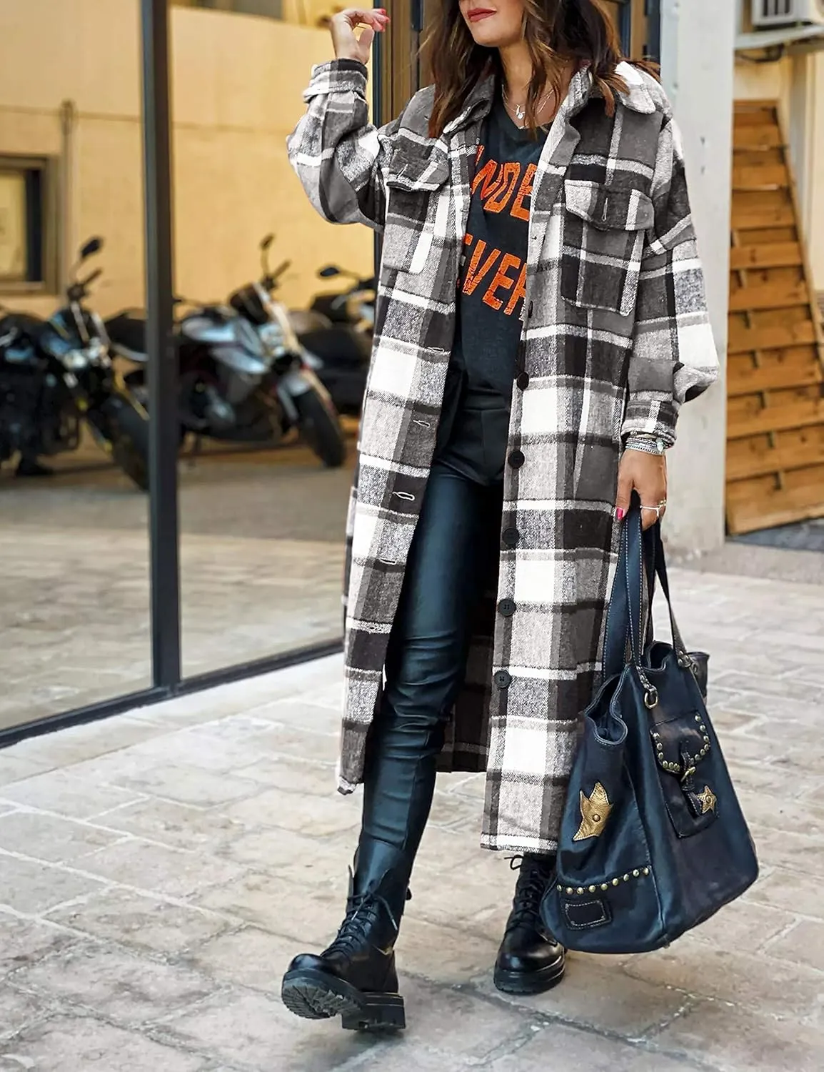 UANEO Plaid Coat Women Button Down Long Plaid Jacket Fall Flannel Trench Coat