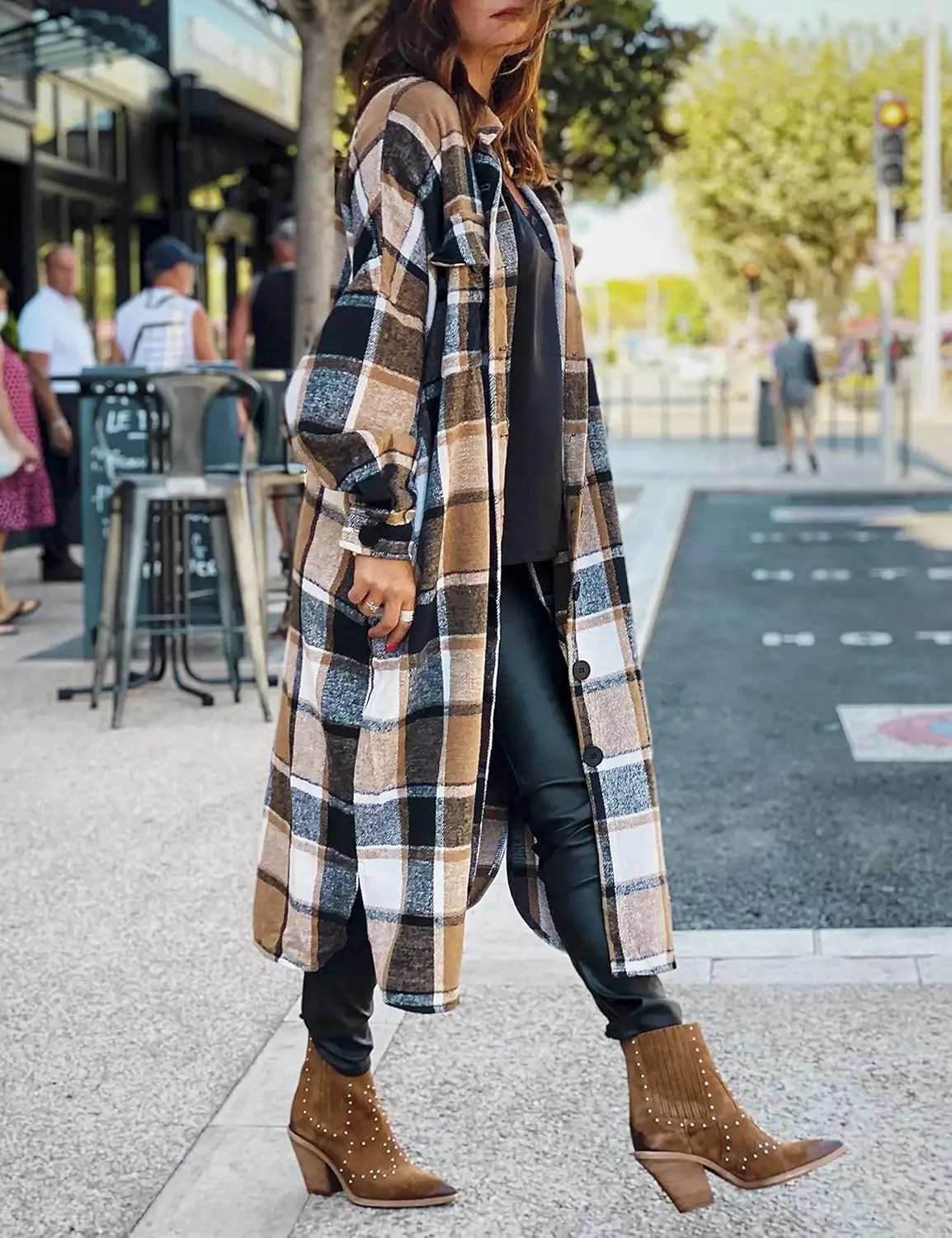 UANEO Plaid Coat Women Button Down Long Plaid Jacket Fall Flannel Trench Coat