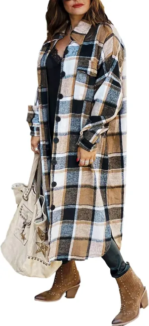 UANEO Plaid Coat Women Button Down Long Plaid Jacket Fall Flannel Trench Coat