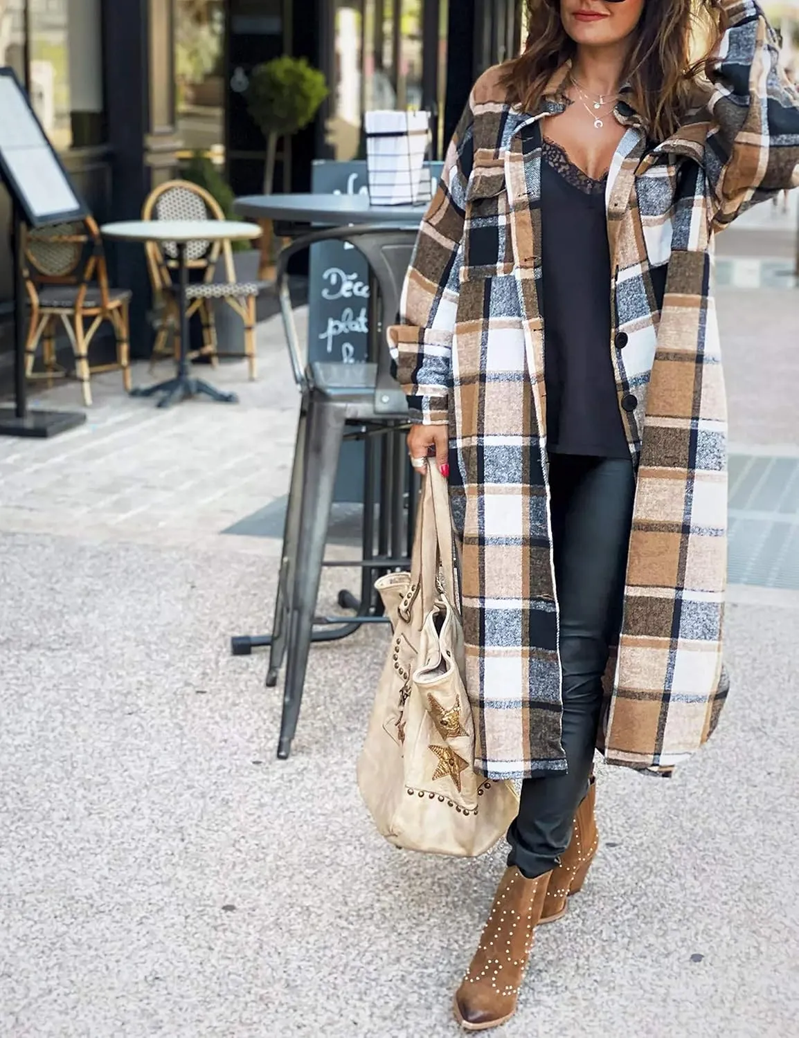 UANEO Plaid Coat Women Button Down Long Plaid Jacket Fall Flannel Trench Coat