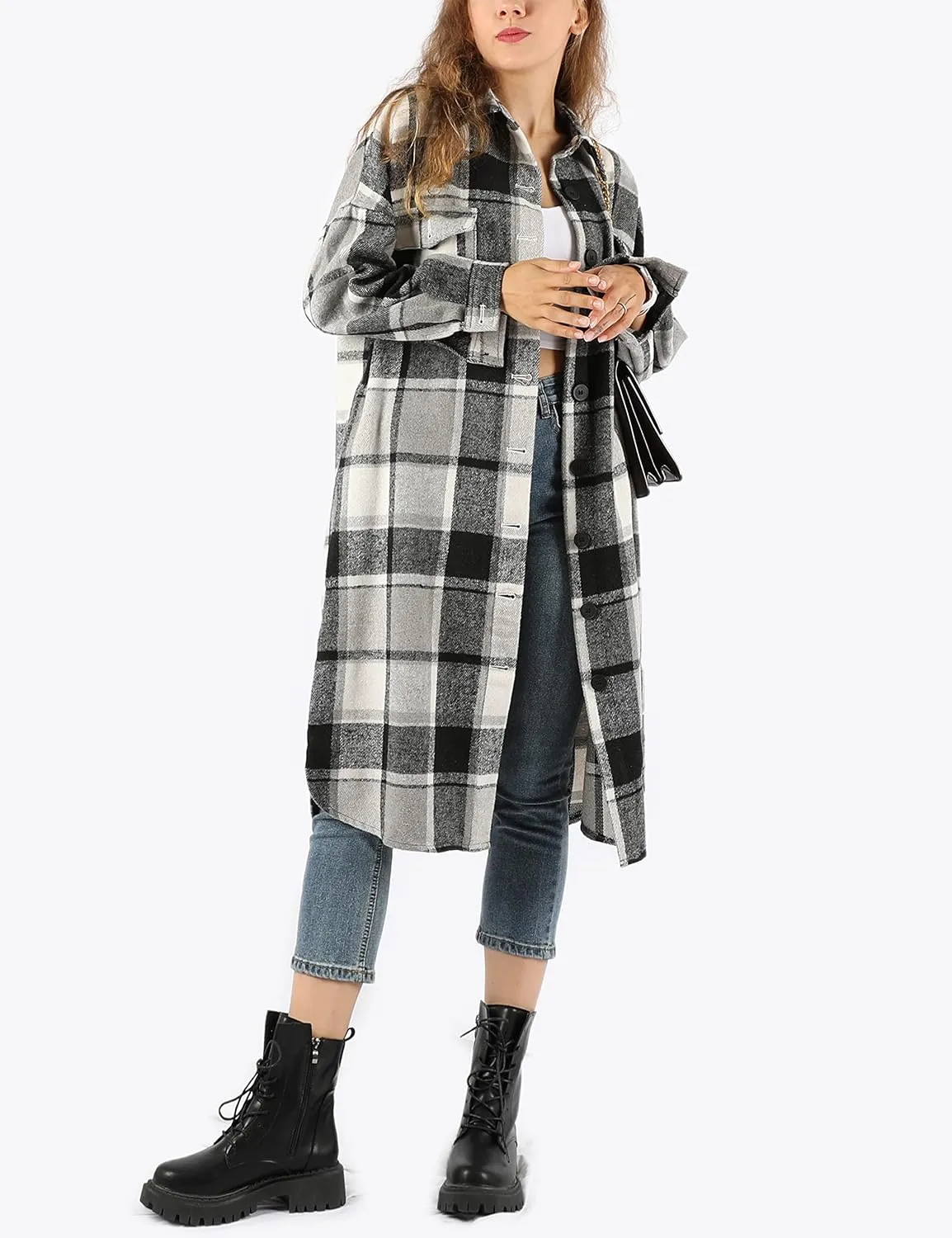 UANEO Plaid Coat Women Button Down Long Plaid Jacket Fall Flannel Trench Coat