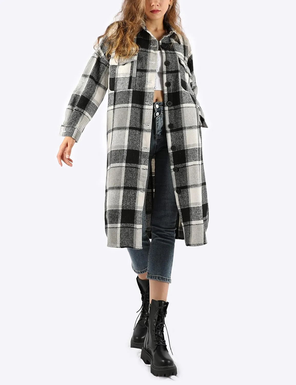 UANEO Plaid Coat Women Button Down Long Plaid Jacket Fall Flannel Trench Coat