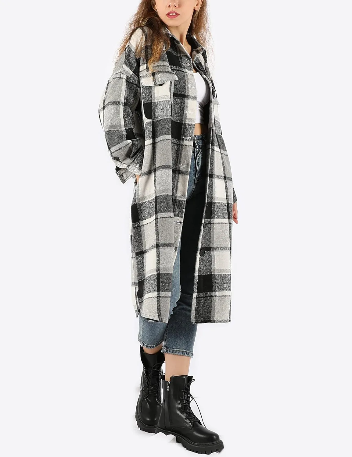 UANEO Plaid Coat Women Button Down Long Plaid Jacket Fall Flannel Trench Coat