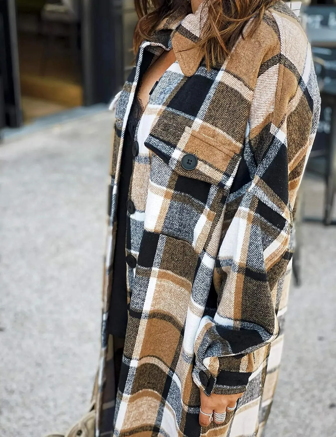 UANEO Plaid Coat Women Button Down Long Plaid Jacket Fall Flannel Trench Coat