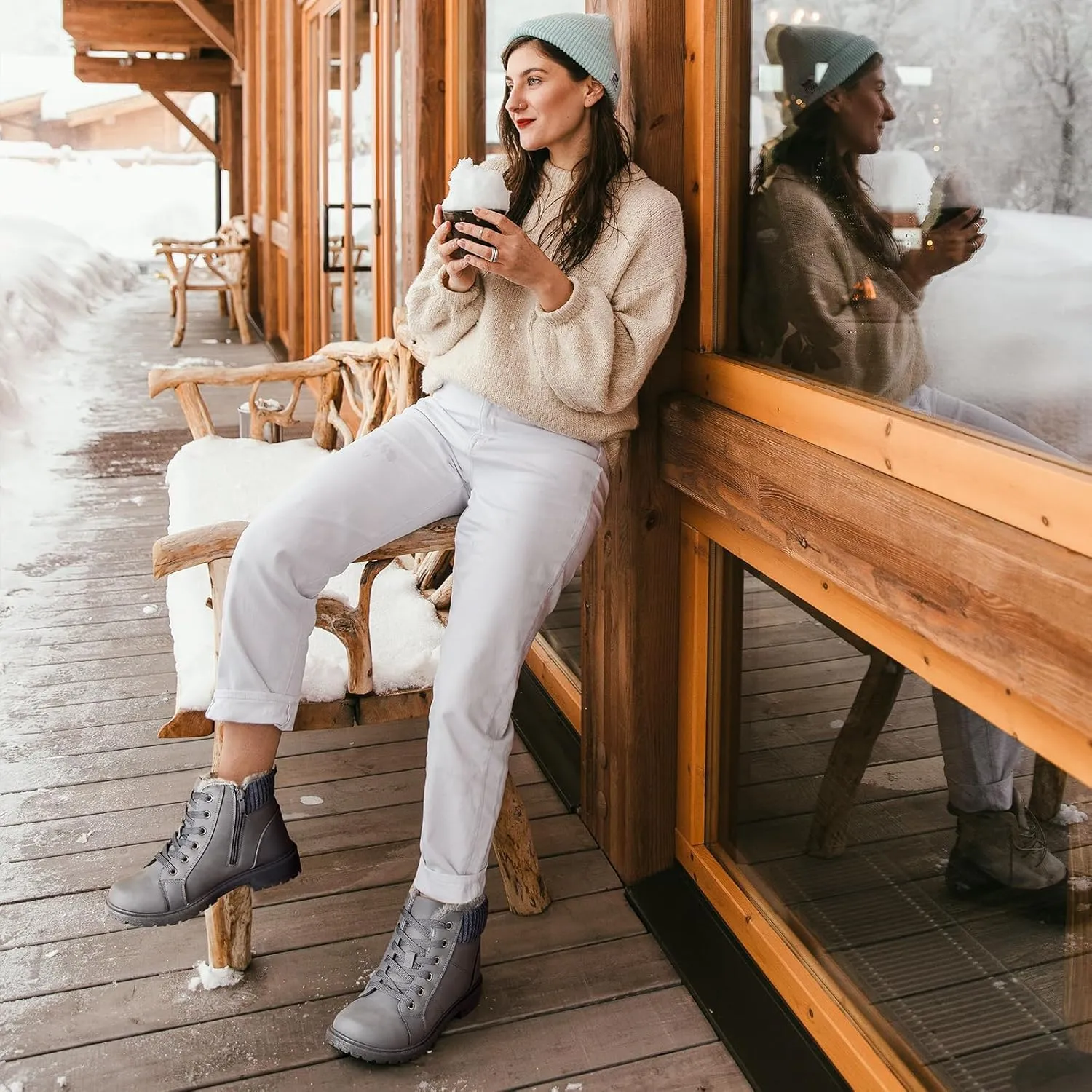 Uoidru Combat Boots For Women Ankle Booties Black Winter Snow Boots White Lace Up Boots Comfort Fuzzy Boot Side Zipper Short Boots (Warm,Non slip)