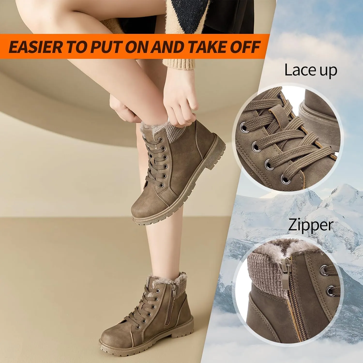 Uoidru Combat Boots For Women Ankle Booties Black Winter Snow Boots White Lace Up Boots Comfort Fuzzy Boot Side Zipper Short Boots (Warm,Non slip)