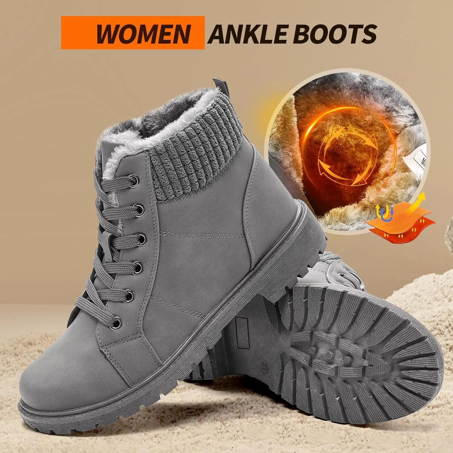 Uoidru Combat Boots For Women Ankle Booties Black Winter Snow Boots White Lace Up Boots Comfort Fuzzy Boot Side Zipper Short Boots (Warm,Non slip)