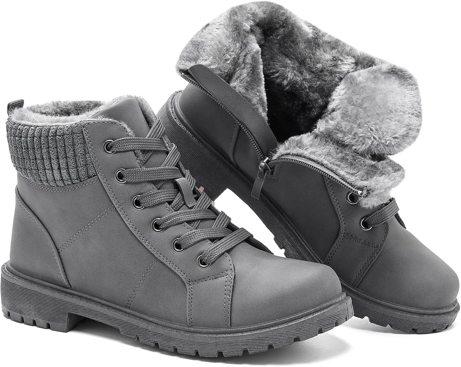 Uoidru Combat Boots For Women Ankle Booties Black Winter Snow Boots White Lace Up Boots Comfort Fuzzy Boot Side Zipper Short Boots (Warm,Non slip)