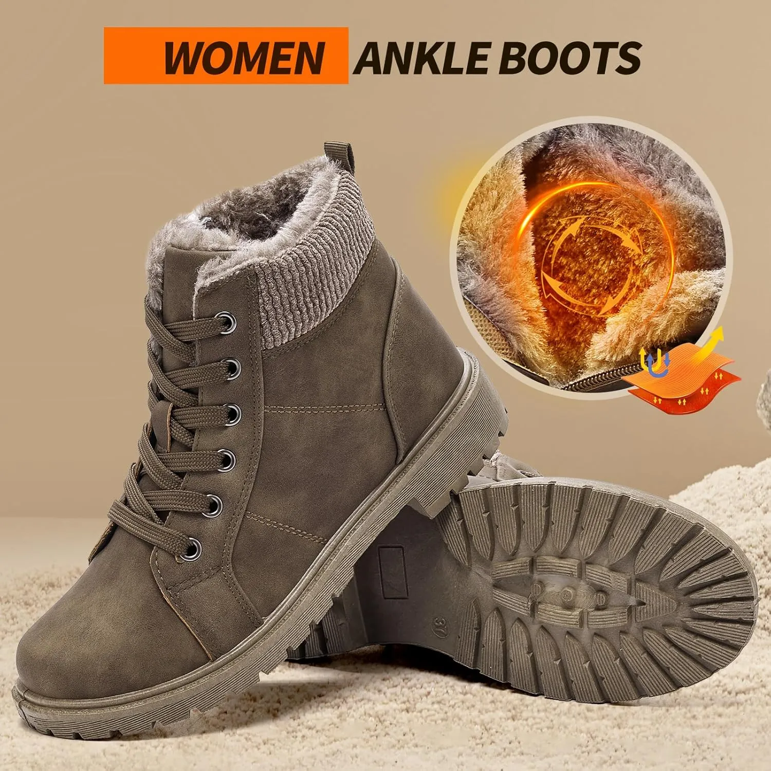 Uoidru Combat Boots For Women Ankle Booties Black Winter Snow Boots White Lace Up Boots Comfort Fuzzy Boot Side Zipper Short Boots (Warm,Non slip)