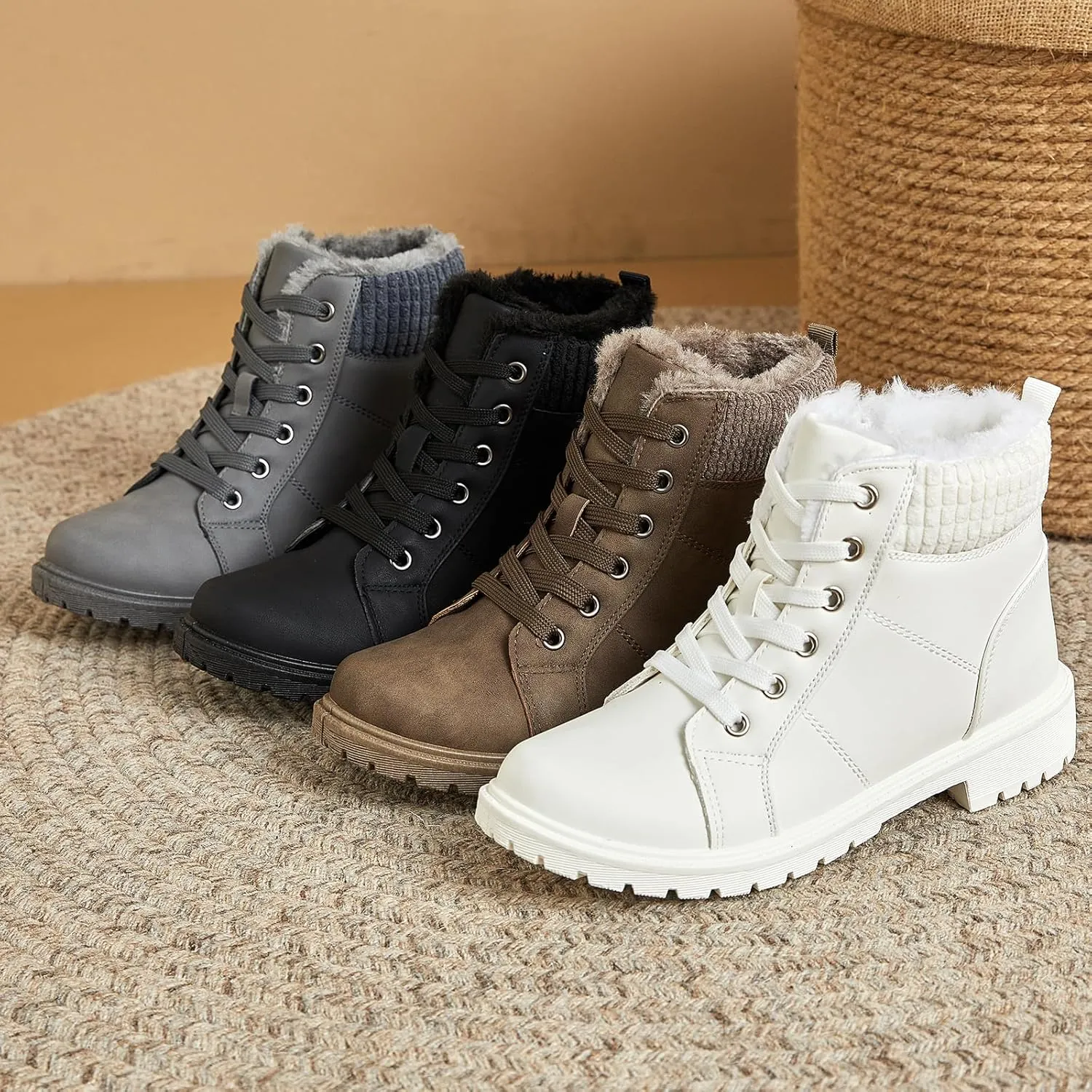 Uoidru Combat Boots For Women Ankle Booties Black Winter Snow Boots White Lace Up Boots Comfort Fuzzy Boot Side Zipper Short Boots (Warm,Non slip)