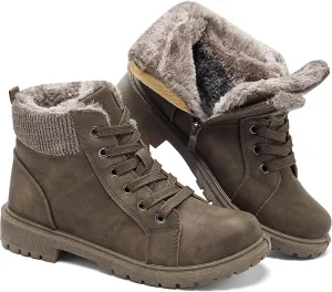 Uoidru Combat Boots For Women Ankle Booties Black Winter Snow Boots White Lace Up Boots Comfort Fuzzy Boot Side Zipper Short Boots (Warm,Non slip)