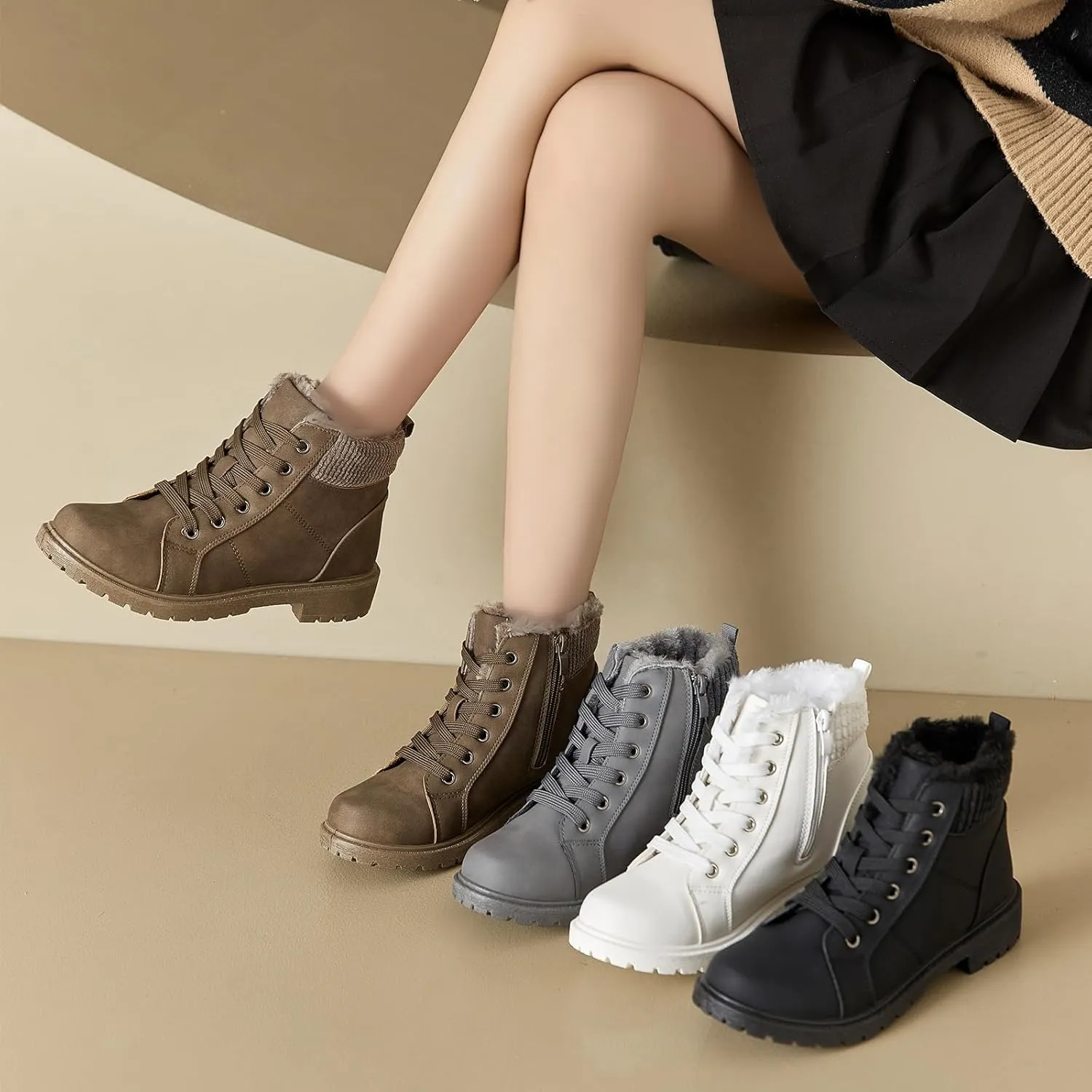 Uoidru Combat Boots For Women Ankle Booties Black Winter Snow Boots White Lace Up Boots Comfort Fuzzy Boot Side Zipper Short Boots (Warm,Non slip)