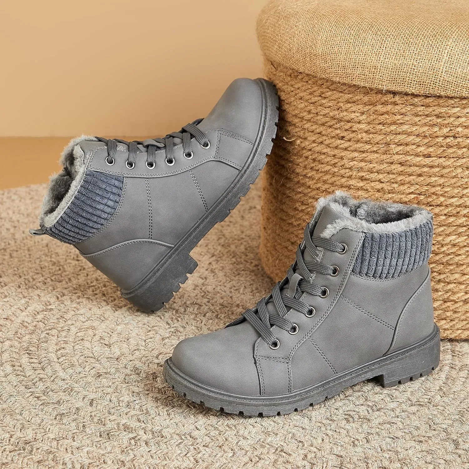 Uoidru Combat Boots For Women Ankle Booties Black Winter Snow Boots White Lace Up Boots Comfort Fuzzy Boot Side Zipper Short Boots (Warm,Non slip)