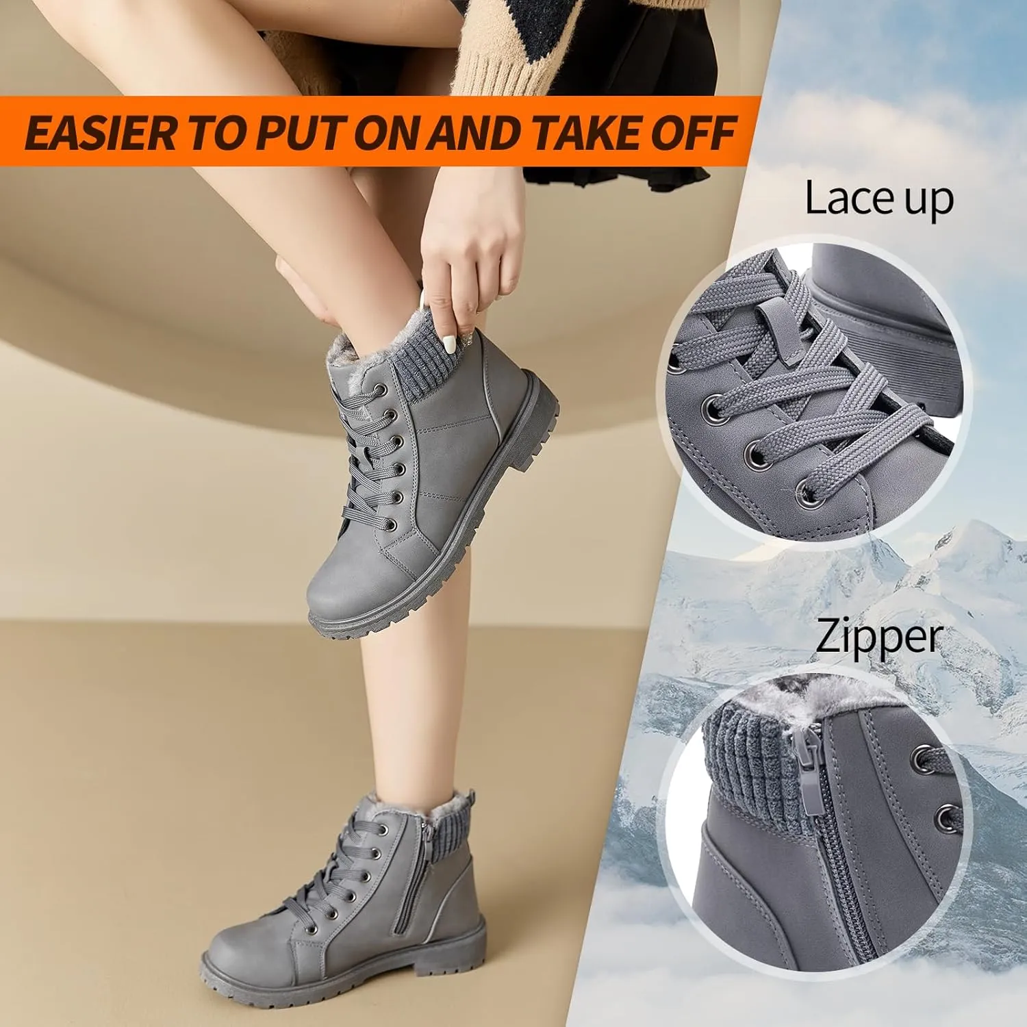 Uoidru Combat Boots For Women Ankle Booties Black Winter Snow Boots White Lace Up Boots Comfort Fuzzy Boot Side Zipper Short Boots (Warm,Non slip)