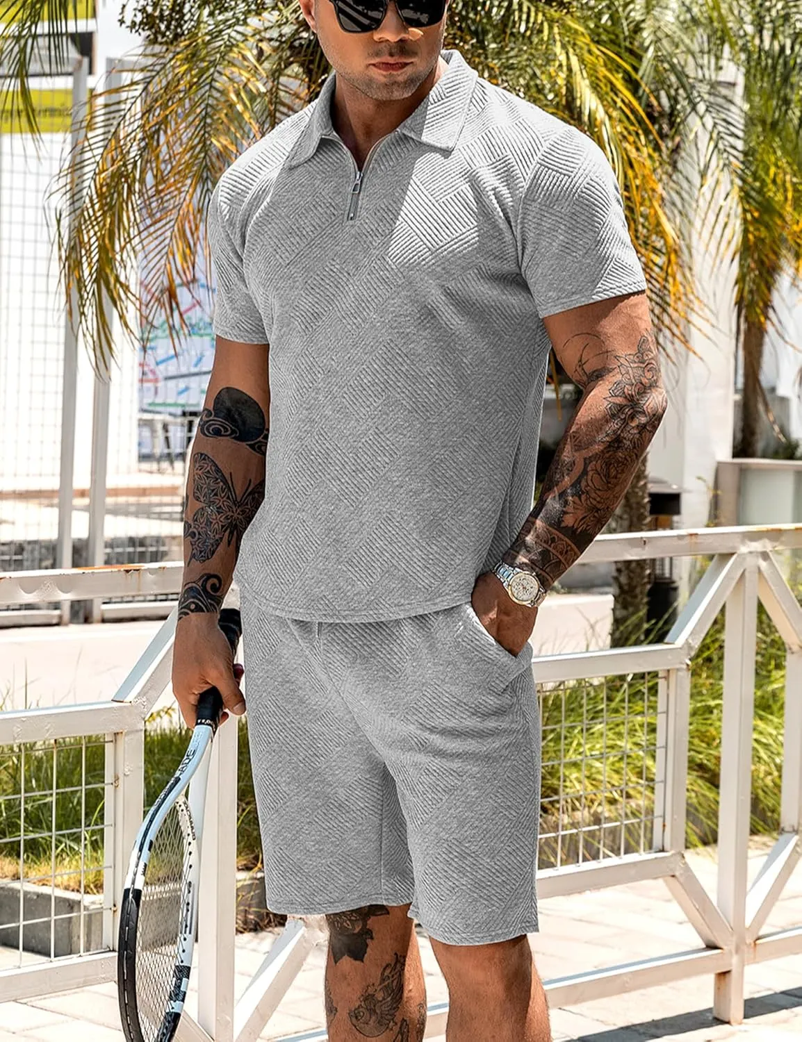 URRU Men's Polo Shirt and Shorts Set Summer Outfits Fashion Casual Short Sleeve Polo Suit for Men 2 Piece Short Set