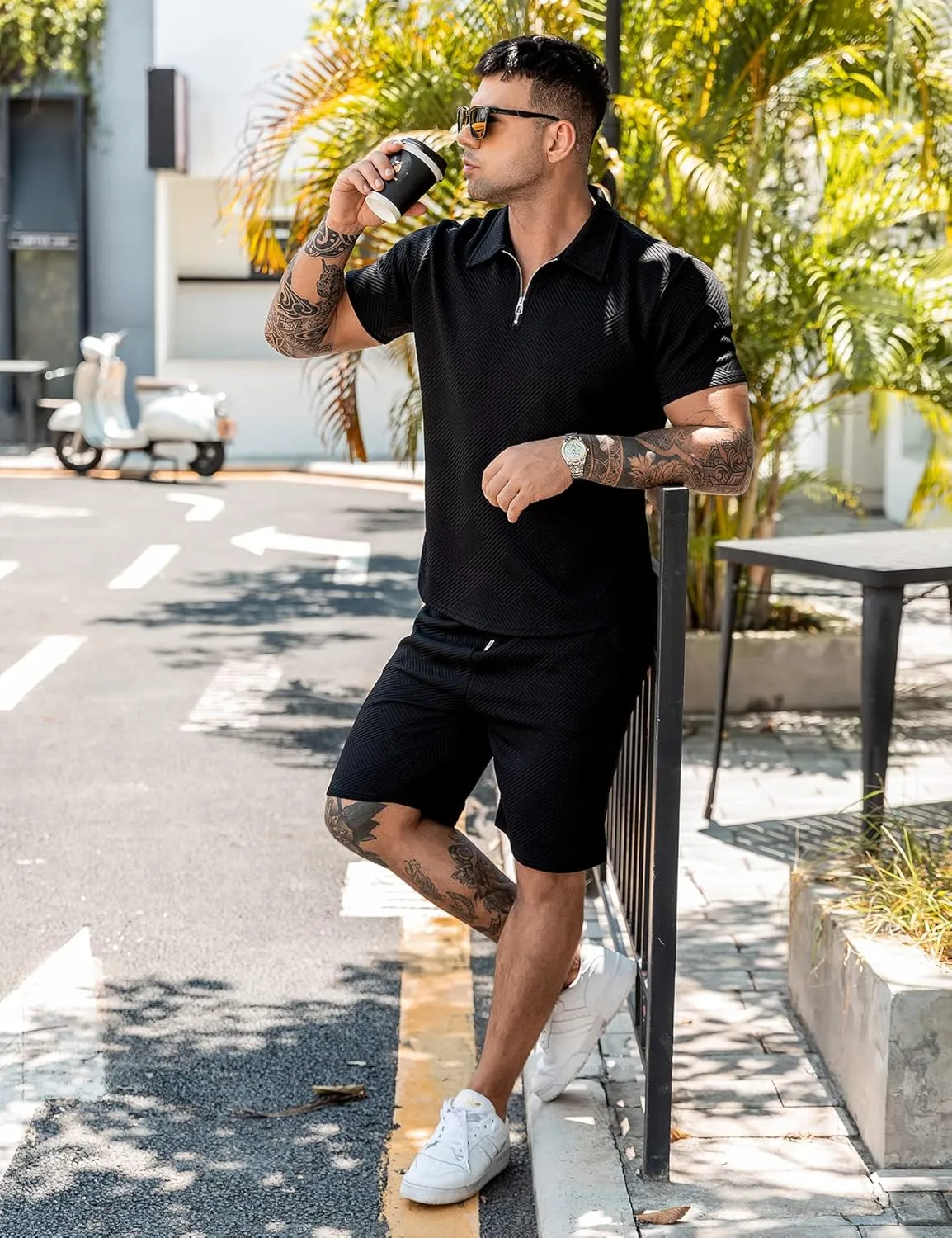 URRU Men's Polo Shirt and Shorts Set Summer Outfits Fashion Casual Short Sleeve Polo Suit for Men 2 Piece Short Set