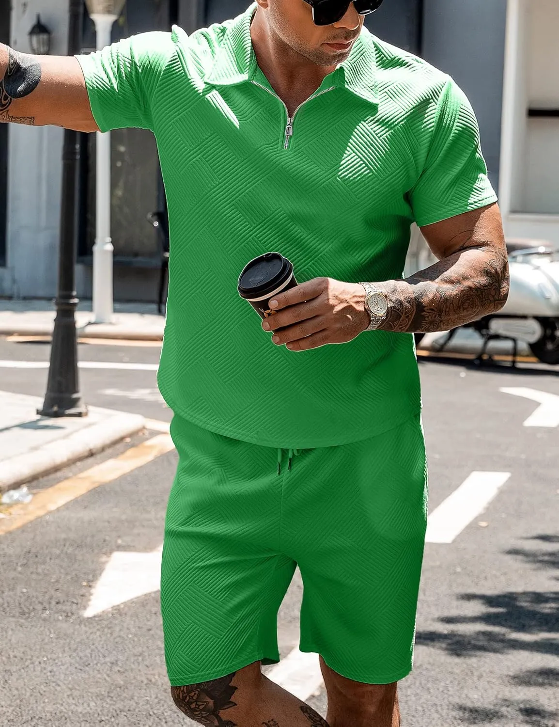 URRU Men's Polo Shirt and Shorts Set Summer Outfits Fashion Casual Short Sleeve Polo Suit for Men 2 Piece Short Set