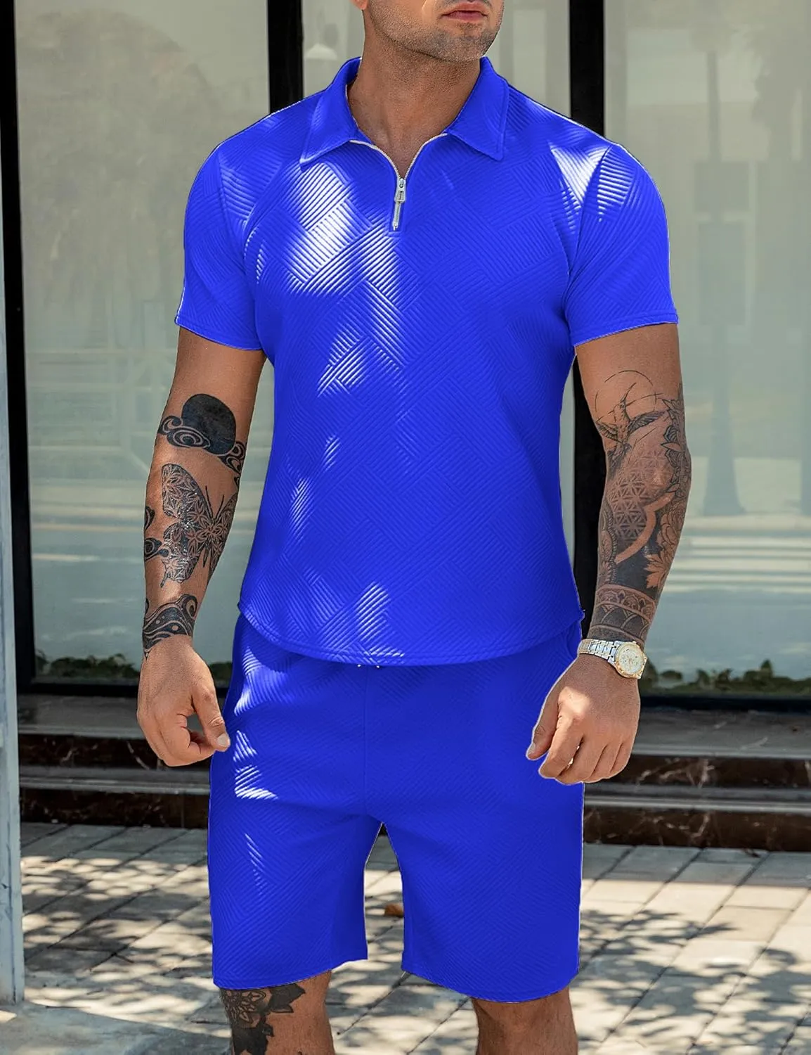 URRU Men's Polo Shirt and Shorts Set Summer Outfits Fashion Casual Short Sleeve Polo Suit for Men 2 Piece Short Set