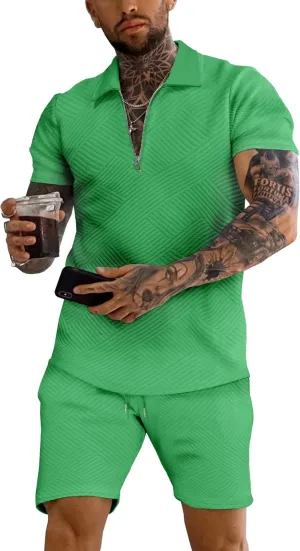 URRU Men's Polo Shirt and Shorts Set Summer Outfits Fashion Casual Short Sleeve Polo Suit for Men 2 Piece Short Set