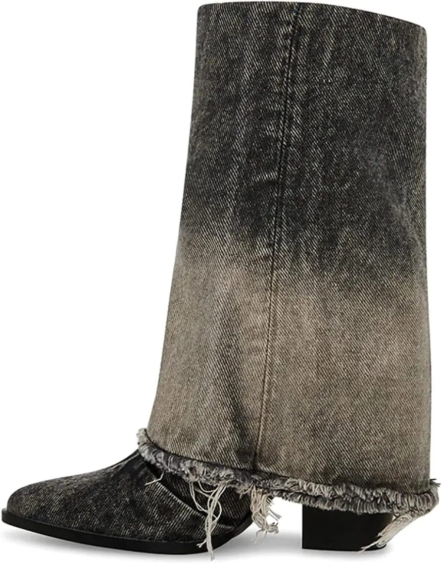 UUQ Women's Denim Mid Calf Fold Over Boots - Western Cowgirl Almond Pointed Toe Pull On Chunky Heel 8cm Party Ankle Boots