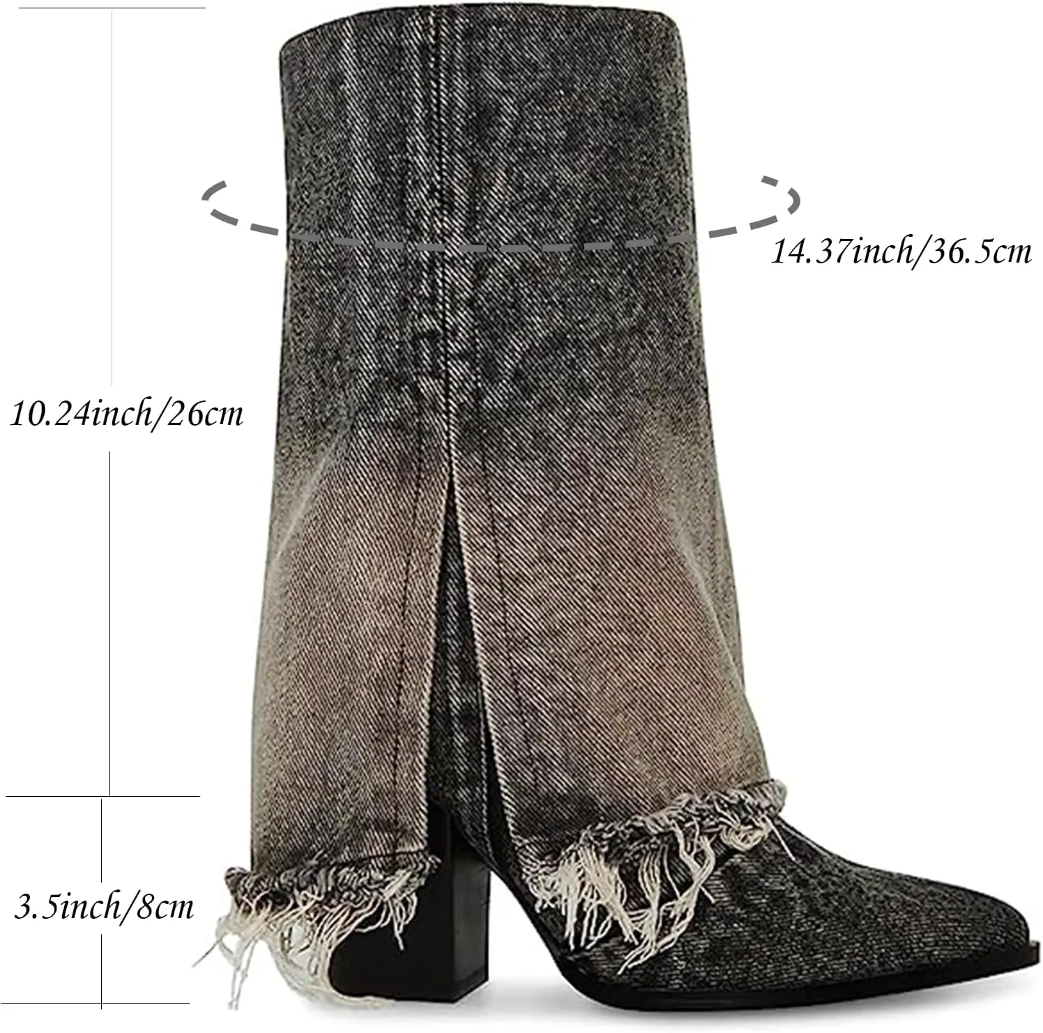 UUQ Women's Denim Mid Calf Fold Over Boots - Western Cowgirl Almond Pointed Toe Pull On Chunky Heel 8cm Party Ankle Boots