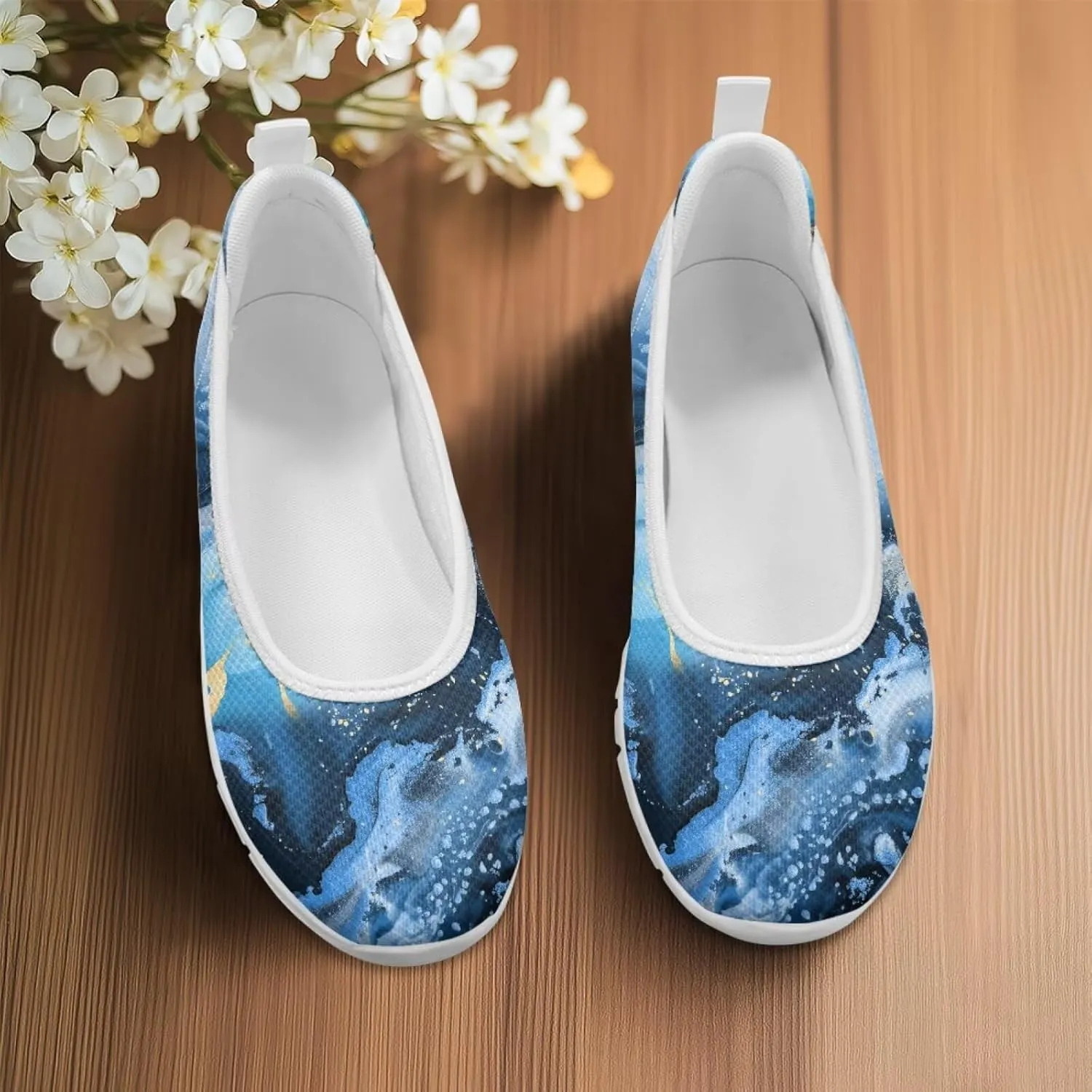 Various Stylish Marble Print Ballet Flats Shoes for Women Round Toe Slip On Mesh Casual Sneakers Fit Comfort Outdoor Walking Platform Loafers