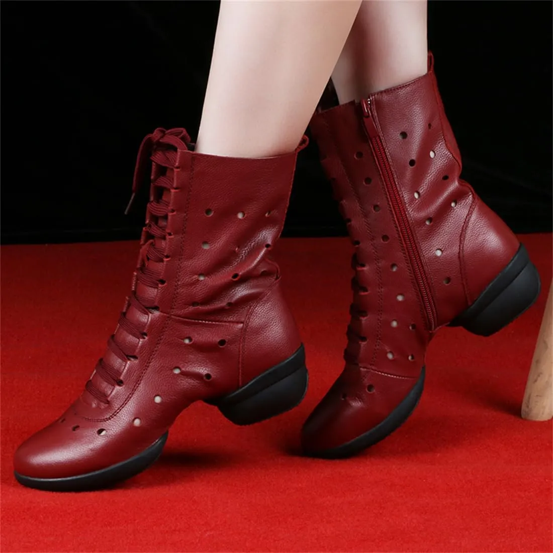 VEACAM Jazz Ballet Dance Boots, Lace-Up Dancing Sneakers for Women Leather High Top Ballroom Performance Shoes