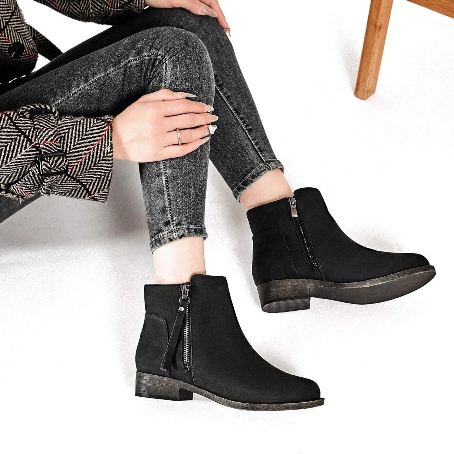 Veittes Women's Ankle Boots - Classic Side Zip, Comfortable Platform, Cover with Buckle Strap, Round Toe, Low Chunky Heel Comfort Slip On Fashion (Black/Dark Brown/Grey) Boots.
