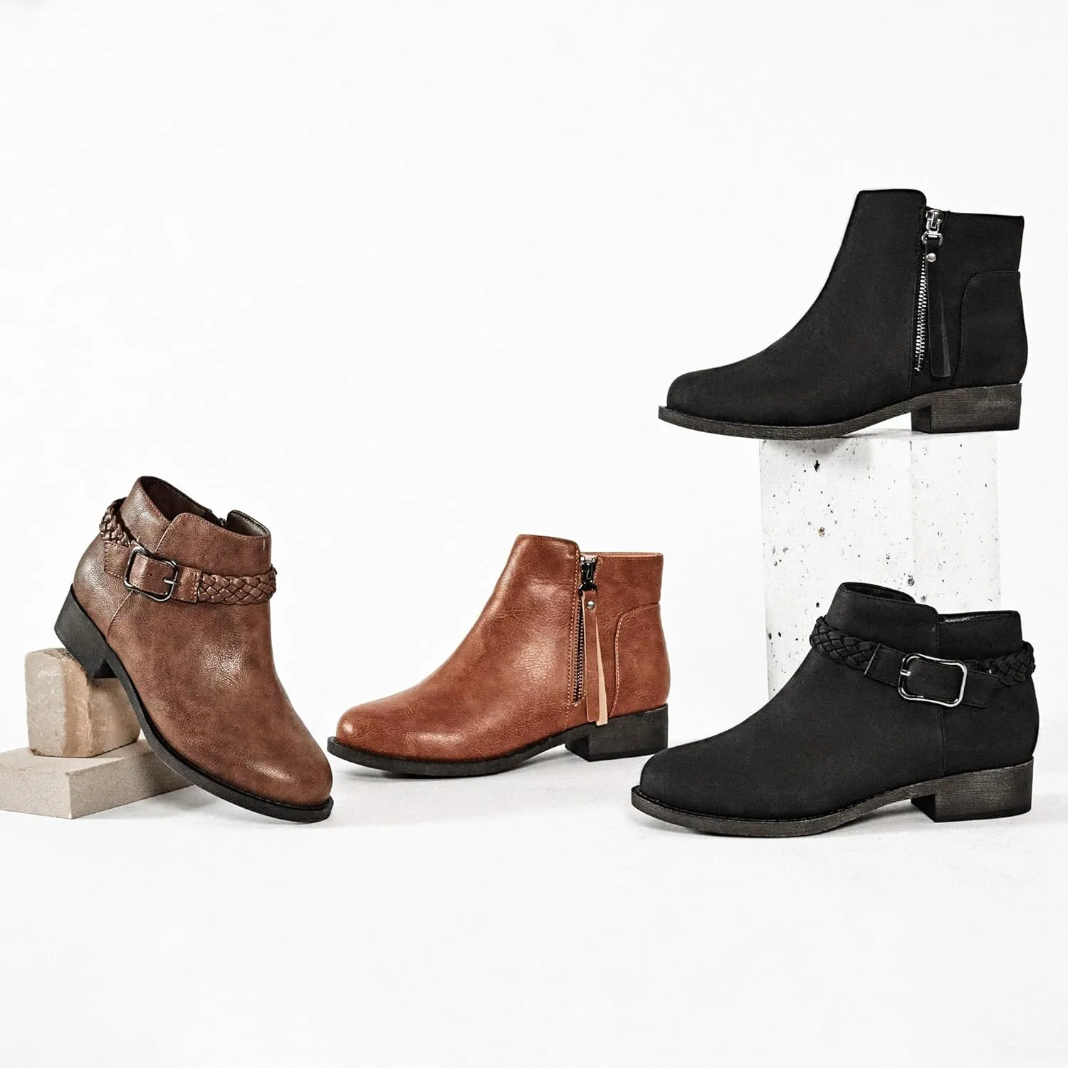 Veittes Women's Ankle Boots - Classic Side Zip, Comfortable Platform, Cover with Buckle Strap, Round Toe, Low Chunky Heel Comfort Slip On Fashion (Black/Dark Brown/Grey) Boots.