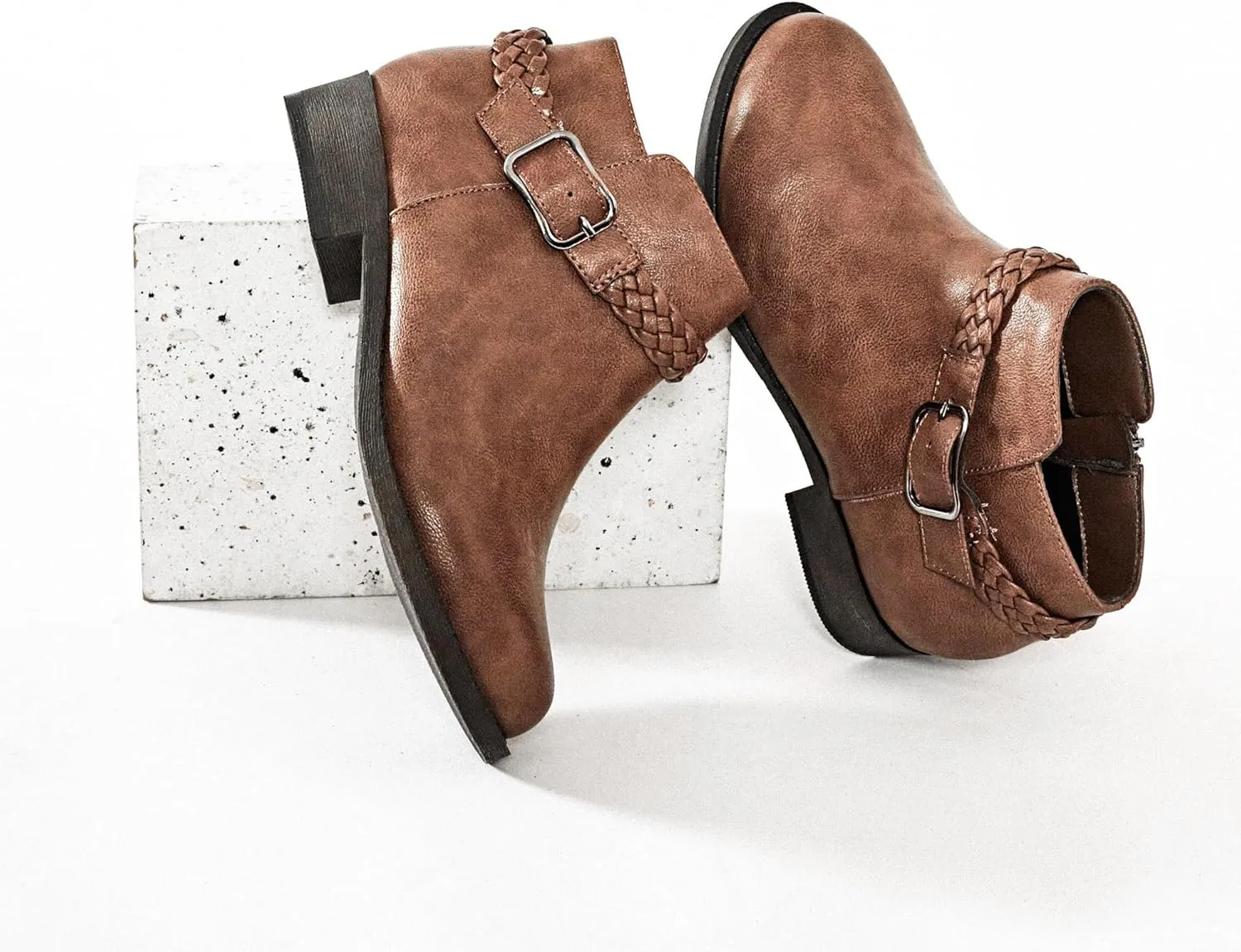 Veittes Women's Ankle Boots - Classic Side Zip, Comfortable Platform, Cover with Buckle Strap, Round Toe, Low Chunky Heel Comfort Slip On Fashion (Black/Dark Brown/Grey) Boots.