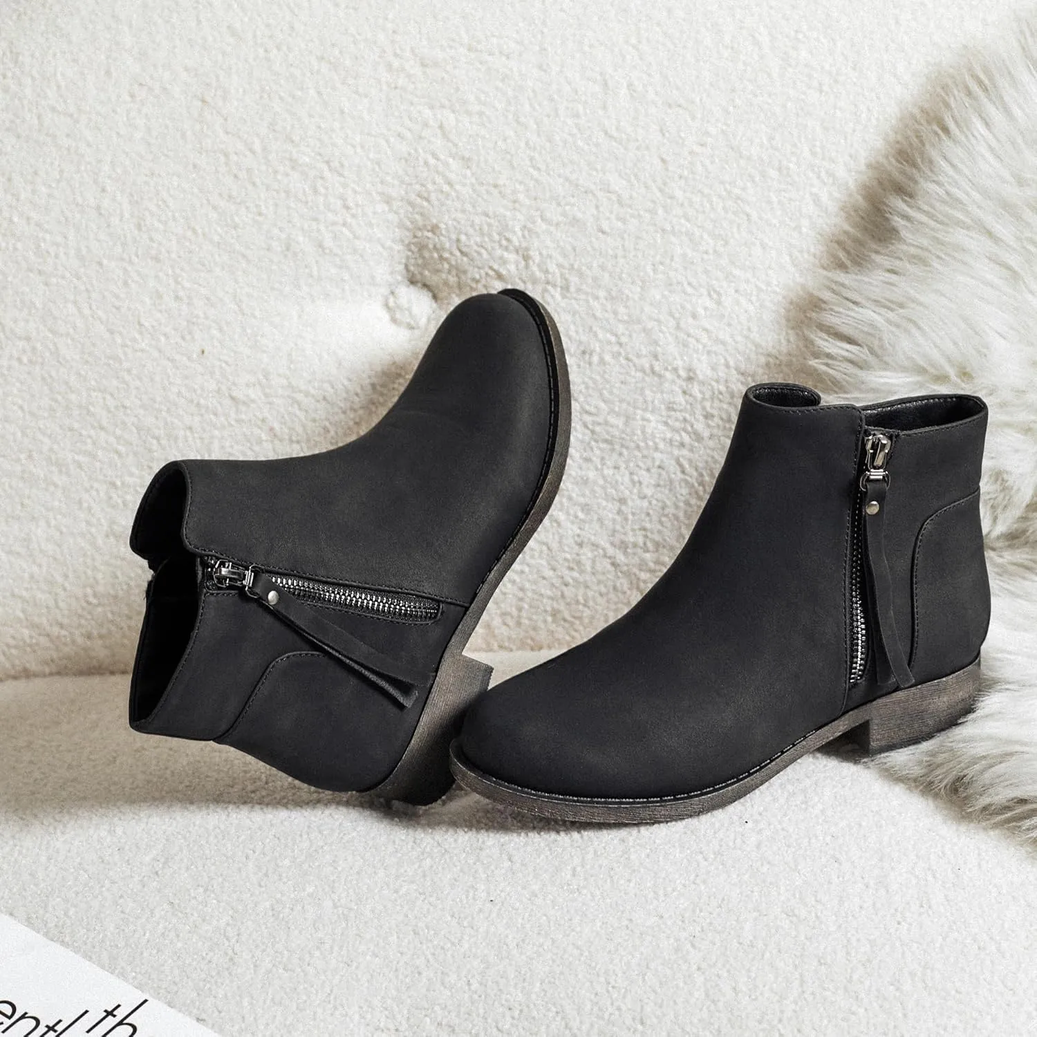 Veittes Women's Ankle Boots - Classic Side Zip, Comfortable Platform, Cover with Buckle Strap, Round Toe, Low Chunky Heel Comfort Slip On Fashion (Black/Dark Brown/Grey) Boots.