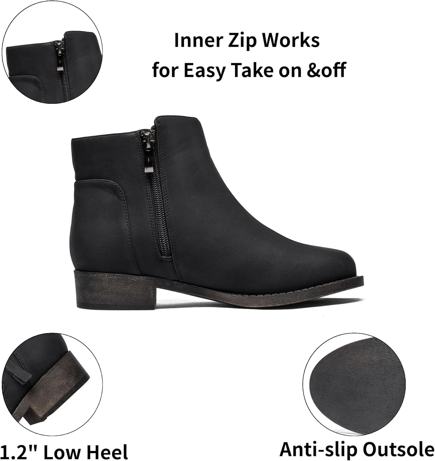 Veittes Women's Ankle Boots - Classic Side Zip, Comfortable Platform, Cover with Buckle Strap, Round Toe, Low Chunky Heel Comfort Slip On Fashion (Black/Dark Brown/Grey) Boots.