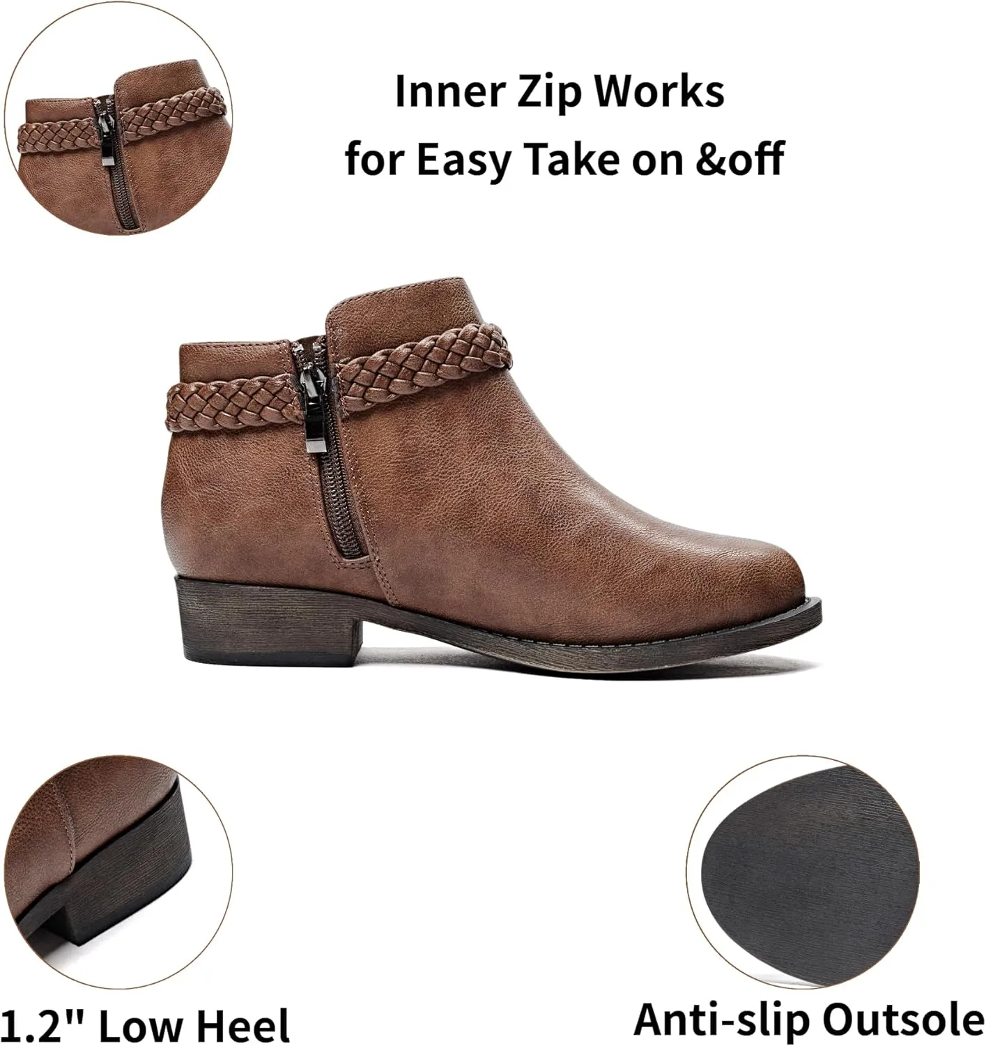 Veittes Women's Ankle Boots - Classic Side Zip, Comfortable Platform, Cover with Buckle Strap, Round Toe, Low Chunky Heel Comfort Slip On Fashion (Black/Dark Brown/Grey) Boots.