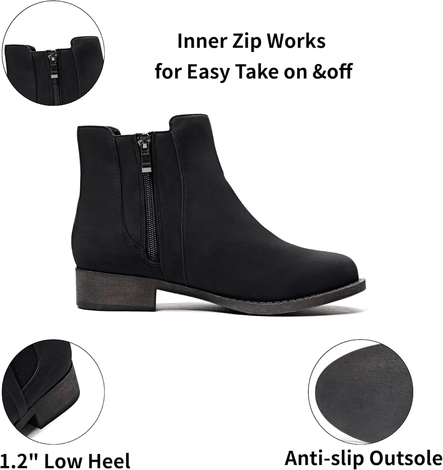 Veittes Women's Ankle Boots - Classic Side Zip, Cover with Buckle Strap, Comfortable Platform, Round Toe, Low Chunky Heel Comfort Slip On Fashion (Black/Dark Brown/Grey) Boots