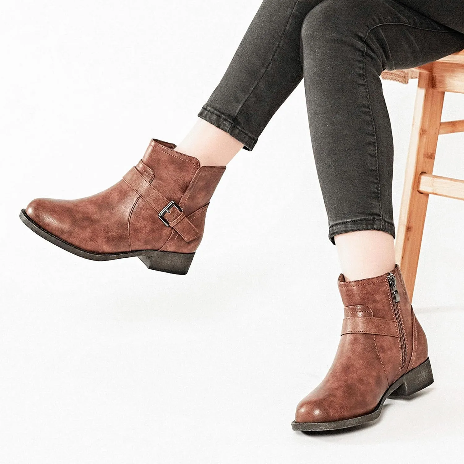 Veittes Women's Ankle Boots - Classic Side Zip, Cover with Buckle Strap, Comfortable Platform, Round Toe, Low Chunky Heel Comfort Slip On Fashion (Black/Dark Brown/Grey) Boots