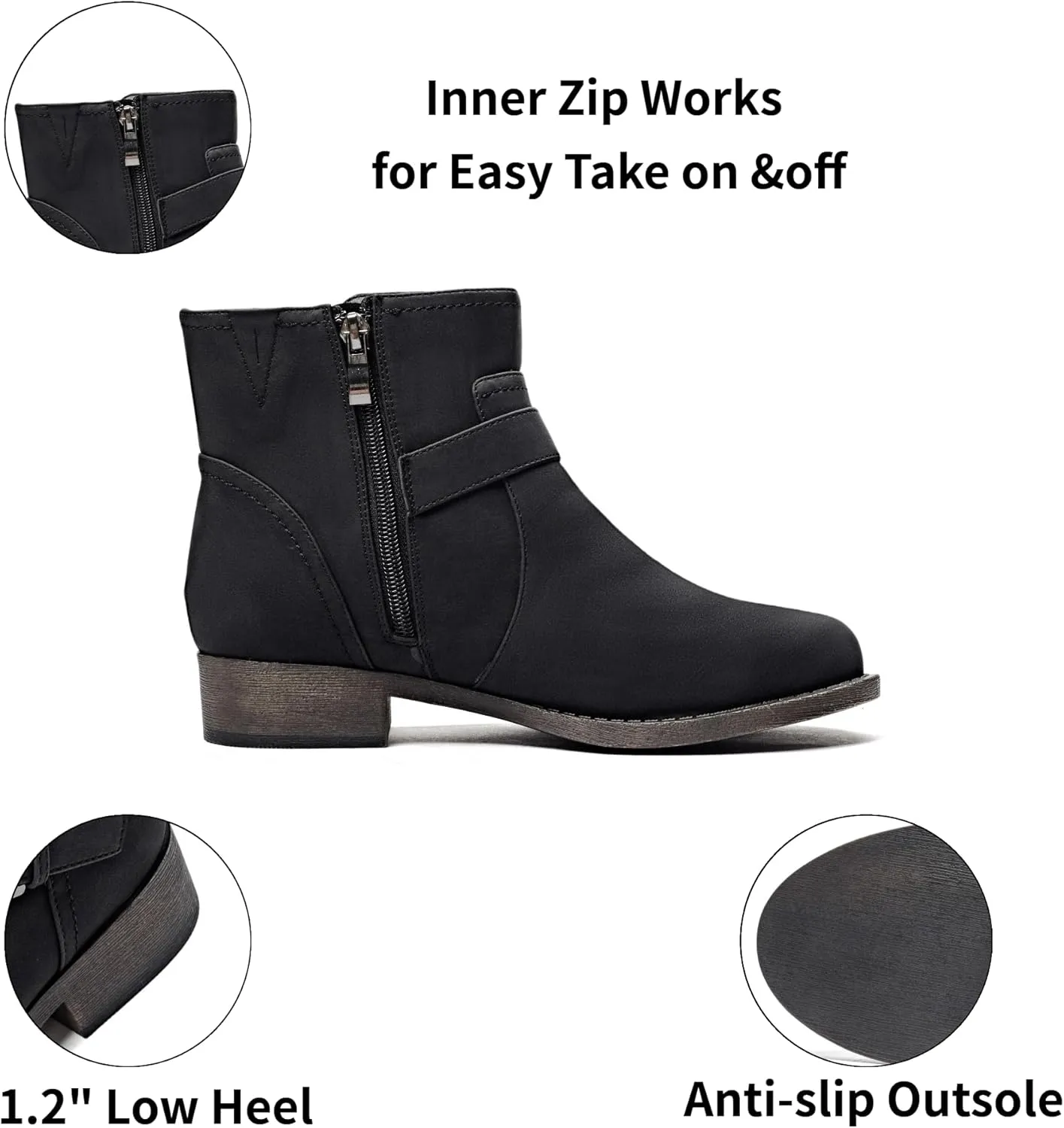 Veittes Women's Ankle Boots - Classic Side Zip, Cover with Buckle Strap, Comfortable Platform, Round Toe, Low Chunky Heel Comfort Slip On Fashion (Black/Dark Brown/Grey) Boots