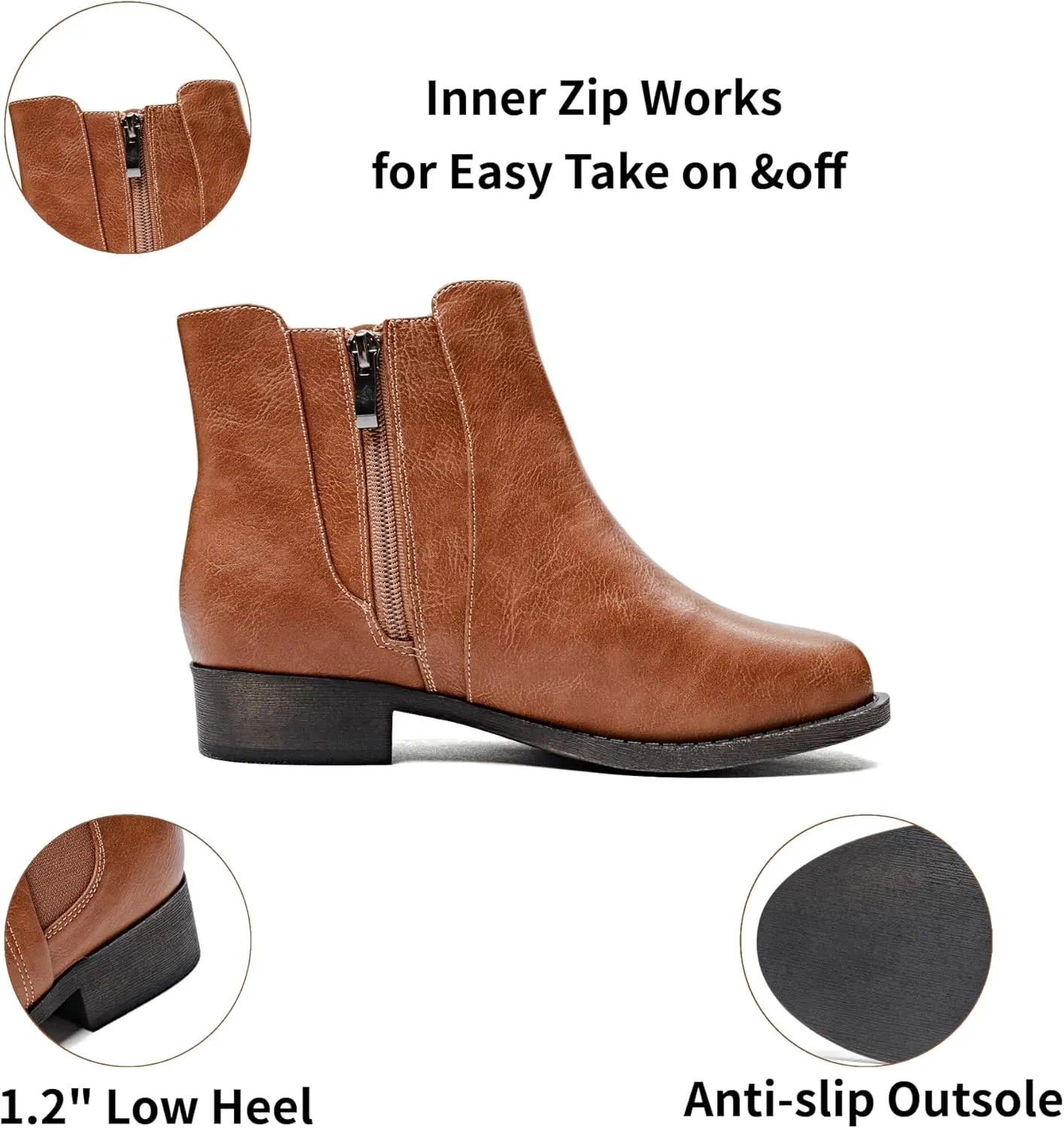 Veittes Women's Ankle Boots - Classic Side Zip, Cover with Buckle Strap, Comfortable Platform, Round Toe, Low Chunky Heel Comfort Slip On Fashion (Black/Dark Brown/Grey) Boots