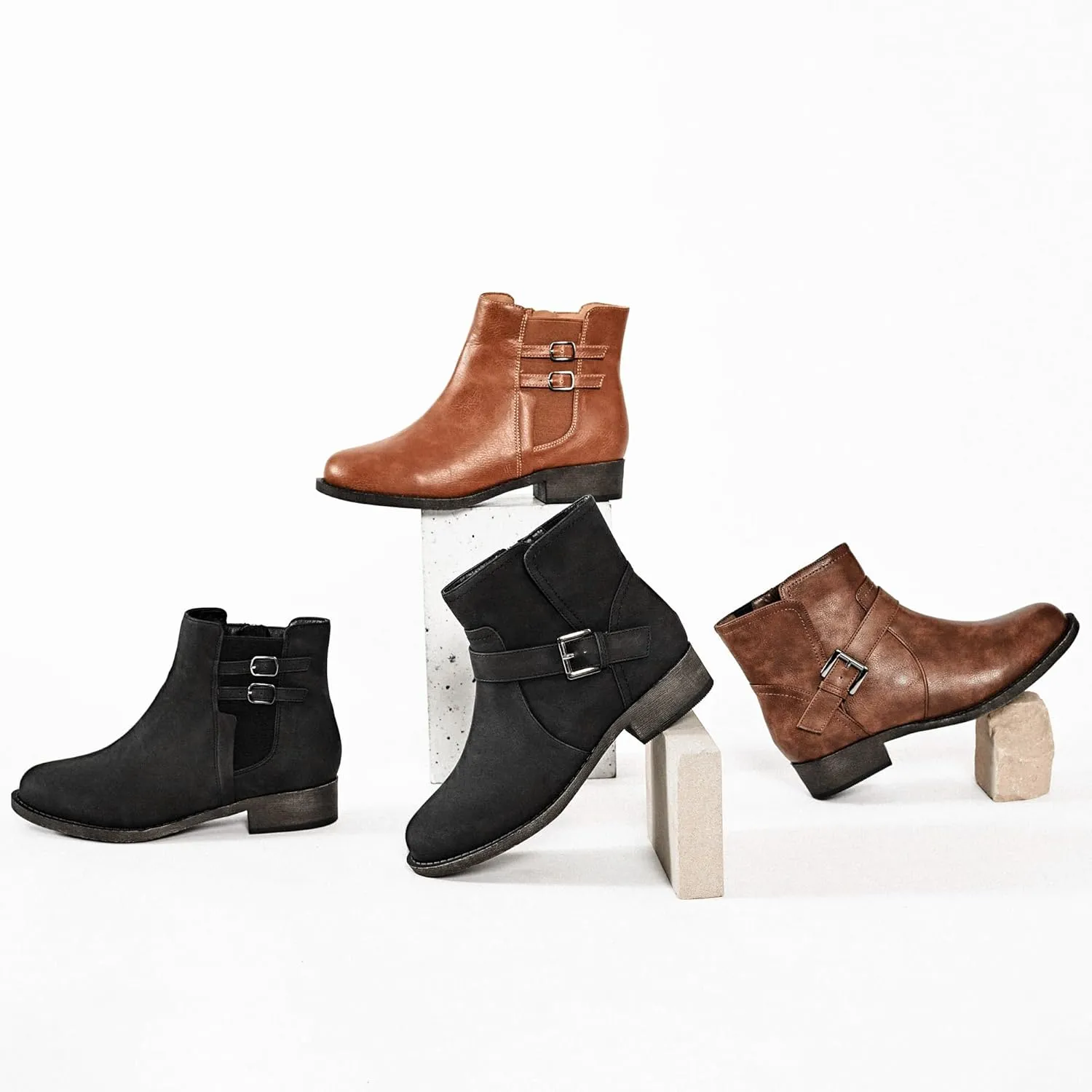 Veittes Women's Ankle Boots - Classic Side Zip, Cover with Buckle Strap, Comfortable Platform, Round Toe, Low Chunky Heel Comfort Slip On Fashion (Black/Dark Brown/Grey) Boots
