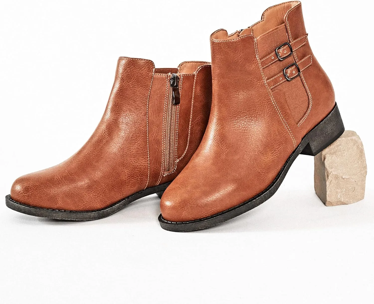 Veittes Women's Ankle Boots - Classic Side Zip, Cover with Buckle Strap, Comfortable Platform, Round Toe, Low Chunky Heel Comfort Slip On Fashion (Black/Dark Brown/Grey) Boots
